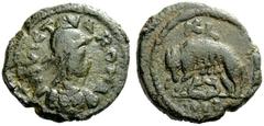 THE OSTROGOTHS Municipal Bronze Coinage of Roma Class 2. Heavy series. Follis (40 nummi), Roma 493-553 Æ 19.45 g. IMVICT – A ROMA Helmeted and cuirassed bust of Roma r. Rev. She-wolf standing l., suck