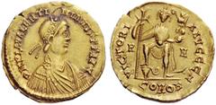 THE BURGUNDIANS Pseudo-Imperial Coinage. In the name of Valentinian III, 425-455. Solidus, Gaul circa 423-455, AV 4.33 g. DN PLL VLLENTI – NILNVS PF LVG Rosette-diademed, draped and cuirassed bust r. 