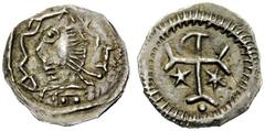 THE LOMBARDS Transalpine Area Pseudo-Imperial Coinage. In the name of Justinian I, 527-565. Half siliqua or quarter siliqua, Frisia circa 568-690, AR 0.43 g. Pseudo-legend Pearl-diademed, draped and c
