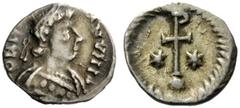 THE LOMBARDS Lombardy Pseudo-Imperial Coinage . In the name of Justinian I, 527-565. Half siliqua or quarter siliqua circa 568-690, AR 0.83 g. DN (…) – NVIII Pearl-diademed, draped and cuirassed bust 