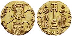 THE LOMBARDS Early Anonymous Coinage The Duchy of Beneventum In the name of Constantine IV, 668-685 . Solidus, Beneventum (?) 662-706, AV 4.32 g. AV dN CON – TNYSS Pearl-diademed, helmeted and cuirass