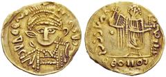 UNATTRIBUTED COINS OF THE GERMAN TRIBES Pseudo-Imperial Coinage. In the name of Justin I, 518-527. Solidus, uncertain mint late 6h-early 7th century, AV 4.33 g. Pseudo-legend Pearl-diademed, helmeted 