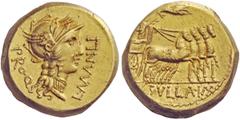 The Roman Republic L. Cornelius Sulla Imperator with L. Manlius Torquatus Proquaestor. Aureus, mint moving with Sulla 82, AV 10.78 g. L·MANLI – PRO Q. Helmeted head of Roma r. Rev. Triumphator , crown