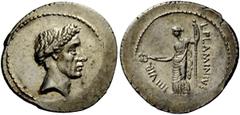 The Roman Republic Imperatorial Issues Denarius 43, AR 3.90 g. Laureate head of Caesar r. Rev. L·FLAMINIVS – IIII VIR Goddess standing l., holding caduceus in r. hand and sceptre in l. Babelon Julia 4