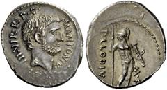 The Roman Republic Imperatorial Issues M. Antonius and P. Clodius. Denarius 42, AR 3.63 g. M.ANTONIVS – III·VIR·R·P·C· Bearded head of M. Antony r. Rev. P. CLODIV[S] – M·F· Mars naked but for helmet s