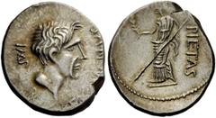 The Roman Republic Imperatorial Issues Denarius, Southern Spain 44, AR 3.72 g. SEX MAGN PIVS – IMP – B Bare head of Cnaeus Pompeius r. Rev. PIETAS Pietas standing l., holding palm branch and transvers