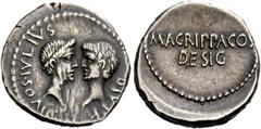 The Roman Republic Imperatorial Issues Octavianus and M. Vipsanius Agrippa. Denarius, mint moving with Octavian 38, AR 4.16 g. DIVOS IVLIVS – DIVI·F Confronted heads of Julius Caesar, wreathed r., and