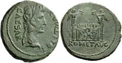 The Roman Empire Octavian, as Augustus 27 BC – 14 AD As, Auxiliary mint in Gaul 8 BC, Æ 11.24 g. CAESAR – PONT MAX Laureate head r. Rev. ROM ET AVG Front elevation of the Altar of Lugdunum. C 240. BMC