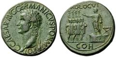 The Roman Empire Gaius, 37 – 41 Sestertius circa 37-38, Æ 26.65 g. C CAESAR AVG GERMANICVS PON M TR POT Laureate head l. Rev. ADLOCVT Gaius, bare-headed and togate, standing l. on platform before low 
