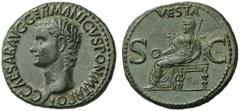 The Roman Empire Gaius, 37 – 41 As 37-38, Æ 12.30 g. C CAESAR AVG GERMANICVS PON M TR POT Bare head l. Rev. VESTA Vesta, diademed and veiled, seated l. on throne, holding patera and sceptre; at sides,