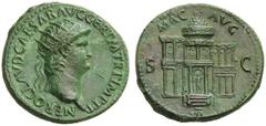 The Roman Empire Nero augustus, 54 – 68 Dupondius circa 64, Æ 14.64 g. NERO CLAVD CAESAR AVG GER P M TR P IMP P P Radiate head r. Rev. MAC – AVG / S – C View of the Macellum of Nero, consisting of a r