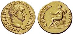 The Roman Empire Vitellius, January – December 69 Aureus circa late April-20 December 69, AV 7.35 g. A VITELLIVS GERMAN IMP TR P Laureate head r. Rev. CONCOR – DIA P R Concordia seated left holding pa
