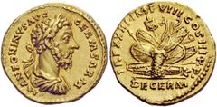 The Roman Empire Marcus Aurelius augustus, 161-180 Aureus 176-177, AV 7.28 g. M ANTONINVS AVG – GERM SARM Laureate, draped and cuirassed bust r. Rev. TR P XXXI IMP VIII COS III P P Pile of arms; in ex