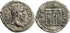 The Roman Empire Septimius Severus, 193 – 211 Denarius 202-210, AR 2.89 g. SEVERVS – PIVS AVG Laureate head r. Rev. COS – III P P Triumphal arch of Severus, showing four columns surmounted by chariot 