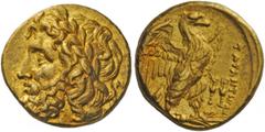 Greek Coins Calabria, Tarentum. Stater circa 276-272 BC, AV 8.58 g. Description Laureate head of Zeus l.; behind, NK ligate. Rev. TAPANTINWN Eagle with open wings standing r., perched on thunderbolt; 