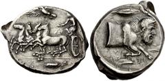 Greek Coins Sicily, Gela. Tetradrachm circa 415-405 BC, AR 17.20 g. Description [GELAIWN] Fast quadriga driven l. by charioteer, holding kentron and reins; above, eagle flying l. In exergue, ear of ba