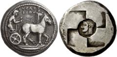 Greek Coins Sicily, Syracuse. Tetradrachm circa 510-500 BC, AR 17.24 g. Description SURAKO / SIWN Slow quadriga driven r. by charioteer, wearing long chiton and holding reins in each hand. Rev. Head o
