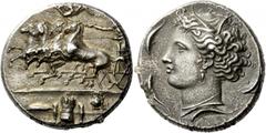 Greek Coins Sicily, Syracuse. Decadrachm signed by Euainetos circa 400 BC, AR 43.27 g. Description Fast quadriga driven l. by charioteer, holding reins and kentron ; in field above, Nike flying r. to 