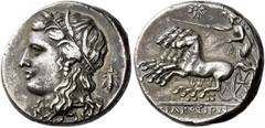 Greek Coins Sicily, Syracuse. 15 litrae or Tridrachm 287-278 BC under Hiketas II, AR 12.65 g. Description Head of Persephone l., wearing wreath of grain ears, single-pendant earring, and necklace; bee