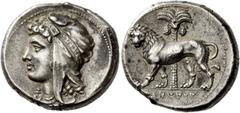 Greek Coins The Carthaginians in Sicily. Tetradrachm, uncertain mint in Sicily circa 320-300, AR 17.40 g. Description Female head l. (Tanit ?), wearing a necklace and a Phrygian tiara encircled with a