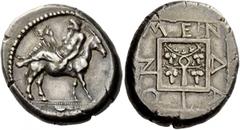 Greek Coins Macedonia, Mende. Tetradrachm circa 450-425 BC, AR 17.86 g. Description Elderly Dionysus, wearing ivy wreath and himation , reclining on mule’s back l., holding cantharus with r. hand and 