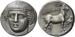 Greek Coins Thrace, Aenus. Tetradrachm circa 402-399 BC, AR 15.61 g. Description Head of Hermes, facing slightly to l., wearing brimless petasus . Rev. AINION Goat standing right; in r. field, eagle r