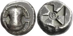 Greek Coins Boeotia, Thebes. Stater circa 480-460 BC, AR 12.04 g. Description Boeotian shield, rim divided into eight segments. Rev. Square incuse with clockwise mill-sail pattern; Å in centre. Refere