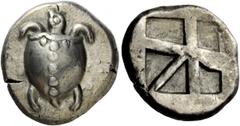 Greek Coins Islands off Attica, Aegina. Stater circa 480-457 BC, AR 12.27 g. Description Sea turtle seen from above; T pattern of dots on shell. Rev. Large skew pattern incuse. References Dewing 1676 