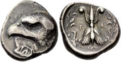 Greek Coins Olympia, Elis. Stater signed by DA..., circa 408 BC, the 93rd Olympiad, AR 12.28 g. Description Head of eagle l., beneath, white poplar leaf inscribed DA. Rev. F – A Winged thunderbolt; al
