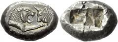 Greek Coins Kings of Lydia, time of Croesus. Stater, Sardis circa 561-546 BC, AR 10.64 g. Description Confronted foreparts of lion and bull. Rev. Two incuse squares. References Traité I, 407 SNG Kayha