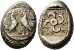 Greek Coins Dynasts of Lycia, Teththiveibi, circa 440-430 BC. Stater, uncertain mint circa 440-430 BC, AR 8.35 g. Description Two cocks standing vis-à-vis on a convex shield; between them, monogram. R