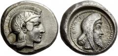 Greek Coins Dynasts of Lycia, Kherei, circa 410-390 BC. Stater, Pinara circa 410-390 BC, AR 8.41 g. Description Helmeted head of Athena r., bowl decorated with spiral and three olive leaves; behind ne