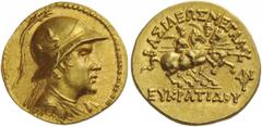 Greek Coins Kings of Bactria. Eucratides I, circa 171-145 BC. Stater, Pushkalavati circa 170-145 BC, AV 8.47 g. Description Draped bust r., wearing diademed helmet, adorned with bull's horn and ear. R