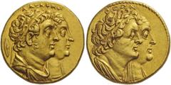 Greek Coins Ptolemaic Kings of Egypt, Ptolemy II Philadelphus, 285-246, with Arsinöe II, Ptolemy I, and Berenice I. Octodrachm, Alexandria after 265 BC, AV 27.80 g. Description ΑΔΕΛΦΩΝ Jugate busts r.