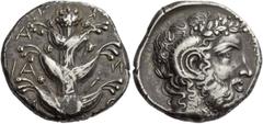 Greek Coins Cyrenaica, Cyrene. Tetradrachm circa 390-380 BC, AR 13.47 g. Description K–V/[P]–A/N/–AI/O–N (retrograde) Silphium plant with three pairs of leaves and seven umbels. Rev. [NIKIOΣ] Laureate