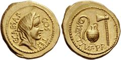 The Roman Republic C. Iulius Caesar and A. Hirtius. Aureus, Roma 46, AV 8.11 g. Description: C CAESAR – COS TER Veiled head of Vesta r. Rev. A·HIRTIVS·P·R Lituus, jug and axe. References: Babelon Juli