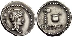 The Roman Republic Brutus Imperator with L. Plaetorius Cestianus. Denarius, mint moving with Brutus 43-42, AR 3.76 g. Description: L·PLAET.CEST Laureate, draped and veiled bust of Ceres r., surmounted