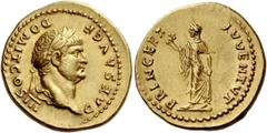 The Roman Empire Domitian caesar, 69 – 81. Aureus, Roma 75, AV 7.33 g. Description: CAESAR AVG F – DOMIT COS III Laureate head r. Rev. PRINCEPS – IVVENTVT Spes advancing l., holding flower and raising