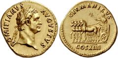 The Roman Empire Domitian augustus, 81 – 96. Aureus 88, AV 7.64 g. Description: DOMITIANVS – AVGVSTVS Laureate head r. Rev. GERMANICVS / COS XIIII Emperor in triumphal quadriga l., holding laurel-bran