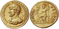 The Roman Empire Hadrian, 117 – 138. Aureus, Roma 119-122, AV 7.26 g. Description: IMP CAESAR TRAIAN – HADRIANVS AVG Laureate, draped and cuirassed bust l. Rev. P M TR – P COS III Roma helmeted seated