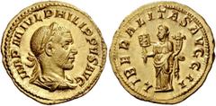 The Roman Empire Philip I, 244 – 249. Aureus, Roma 245, AV 4.50 g. Description: IMP M IVL PHILIPPVS AVG Laureate, draped, and cuirassed bust r. Rev. LIBERALITAS AVGG II Liberalitas standing facing, he