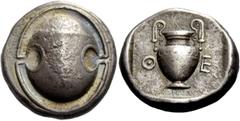 Greek Coinage Boeotia, Thebes Stater circa 425-400, AR 11.98 g. Boeotian shield with club across upper half. Rev. Q – E Amphora with fluted shoulders. De Nanteuil 892. SNG Lockett 1744. SNG Berry 595.