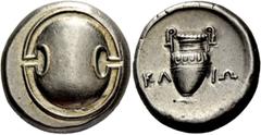 Greek Coinage Boeotia, Thebes Stater circa 379-338, AR 12.16 g. Boeotian shield. Rev. KΛ - ΙΩ Amphora with fluted shoulders. BCD Boiotia 531. SNG Copenhagen 343. Extremely fine Ex Heritage sale 3038, 