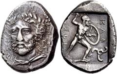 Greek Coinage Dynasts of Lycia, Perikles, circa 380 – 360 BC Stater, uncertain mint circa 380-375 BC, AR 9.88 g. Laureate and draped head facing slightly l. Rev. perikle in Lycian characters Nude warr