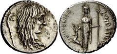The Roman Republic L. Hostilius Saserna . Denarius 48, AR 3.93 g. Female head r. with long hair; behind, carnix . Rev. L·HOSTILIVS – SASERNA Artemis standing facing, holding spear and placing r. hand 