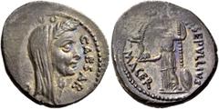 The Roman Republic Iulius Caesar and P. Sepullius Macer. Denarius 44, AR 3.71 g. CAESAR – D[ICT PERPET]VO Veiled and wreathed head of Caesar r. Rev. P·SEPVLLIVS – MACER Venus standing l., holding Vict