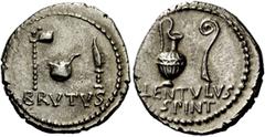 The Roman Republic Q. Caepio Brutus and Lentulus Spint . Denarius, mint moving with Brutus and Cassius 43-42, AR 3.93 g. BRVTVS Axe, culullus and knife r. Rev. Jug and lituus ; below, LENTVLVS / SPINT