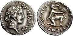 The Roman Empire Octavian as Augustus, 27 BC – 14 AD P. Petronius Turpilianus. Denarius circa 19 BC, AR 3.94 g. TVRPILIANVS – [III VIR] Ivy-wreathed head of Liber r. Rev. CAESAR AVGVSTVS SIGN RECE Kne