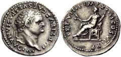 The Roman Empire Titus augustus, 79 – 81 Denarius after 1st July 79, AR 3.45 g. IMP TITVS CAES VESPASIAN AVG P M Laureate head r. Rev. TR P VIIII IMP XIIII COS VII P P Ceres seated l., holding corn ea
