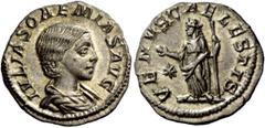 The Roman Empire Julia Soemia, mother of Elagabal Denarius 218-222, AR 2.76 g. IVLIA SOEMIA AVG Draped bust r. Rev. VENVS CAELESTIS Venus, standing partially to l., holding apple and sceptre; in l. fi